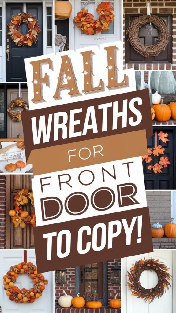 Collage of various fall wreaths on front doors and text: "Fall Wreaths for Front Door to Copy!"