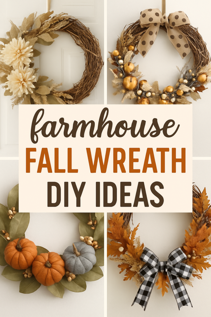 Rustic wreaths with flowers, pumpkins, and autumn decor surround text reading "Farmhouse Fall Wreath DIY Ideas."
