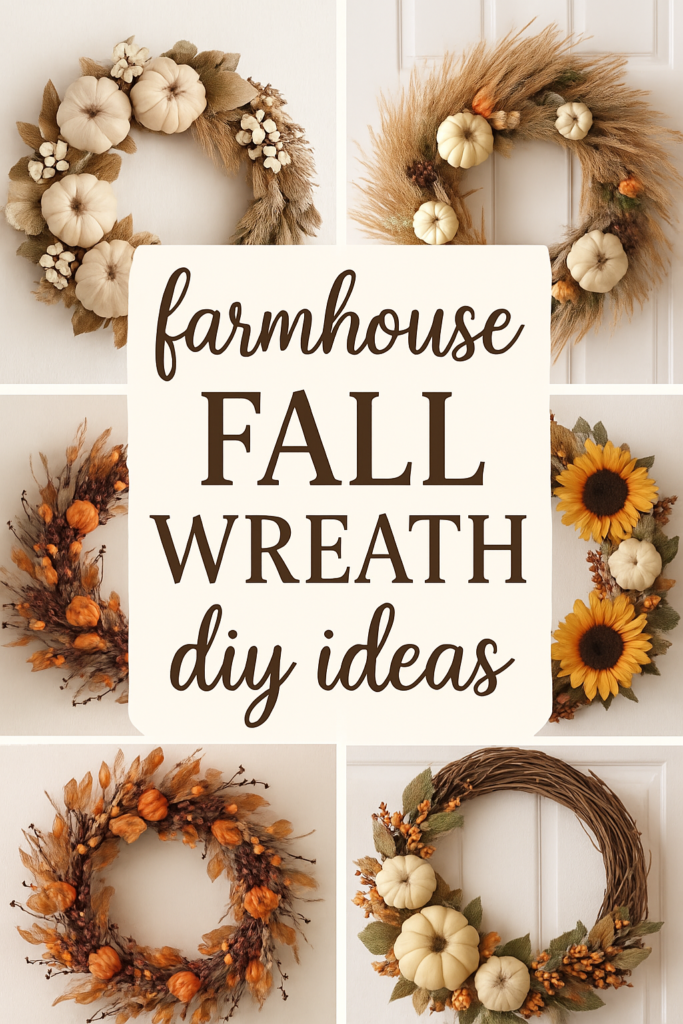 Collage of autumn wreaths featuring pumpkins, sunflowers, and wheat, with text "farmhouse FALL WREATH diy ideas" in the center.