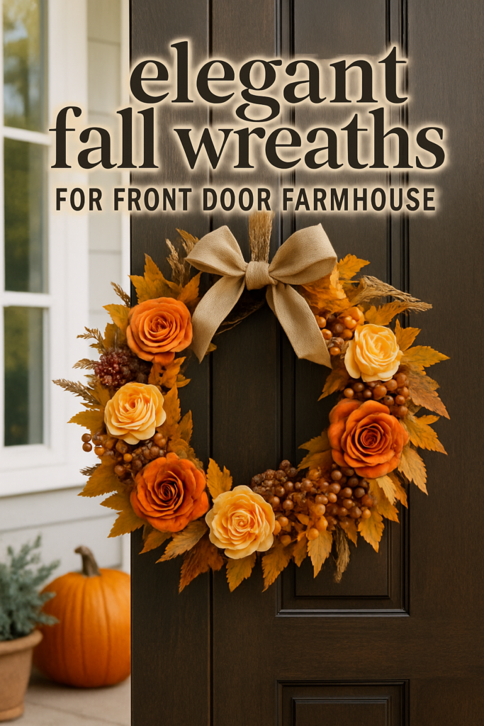 A fall wreath with orange and cream roses and a beige bow, hanging on a dark wooden door, with text about elegant fall wreaths.