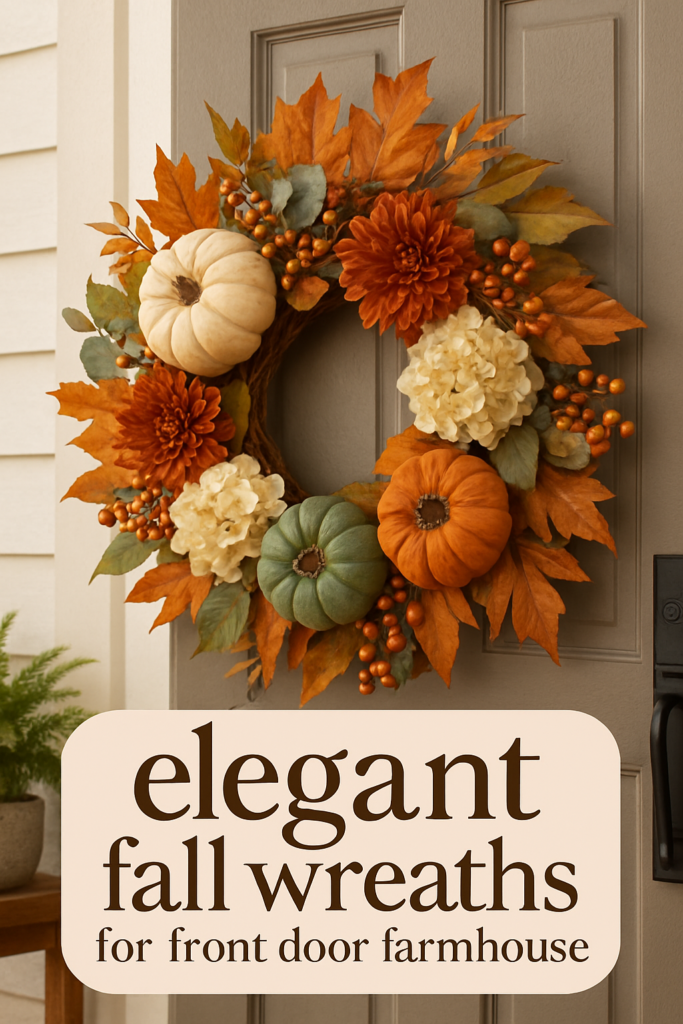 A fall wreath with pumpkins, chrysanthemums, and leaves on a door; text reads "elegant fall wreaths for front door farmhouse."