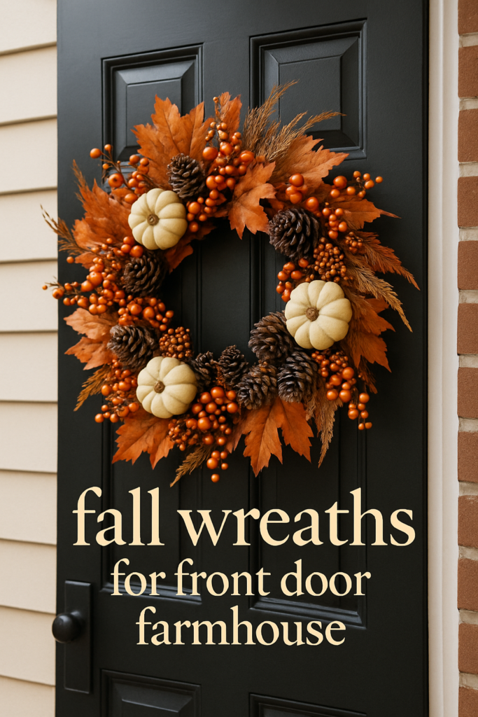 A fall wreath with pumpkins, pinecones, and orange berries on a black door, featuring the text "fall wreaths for front door farmhouse."