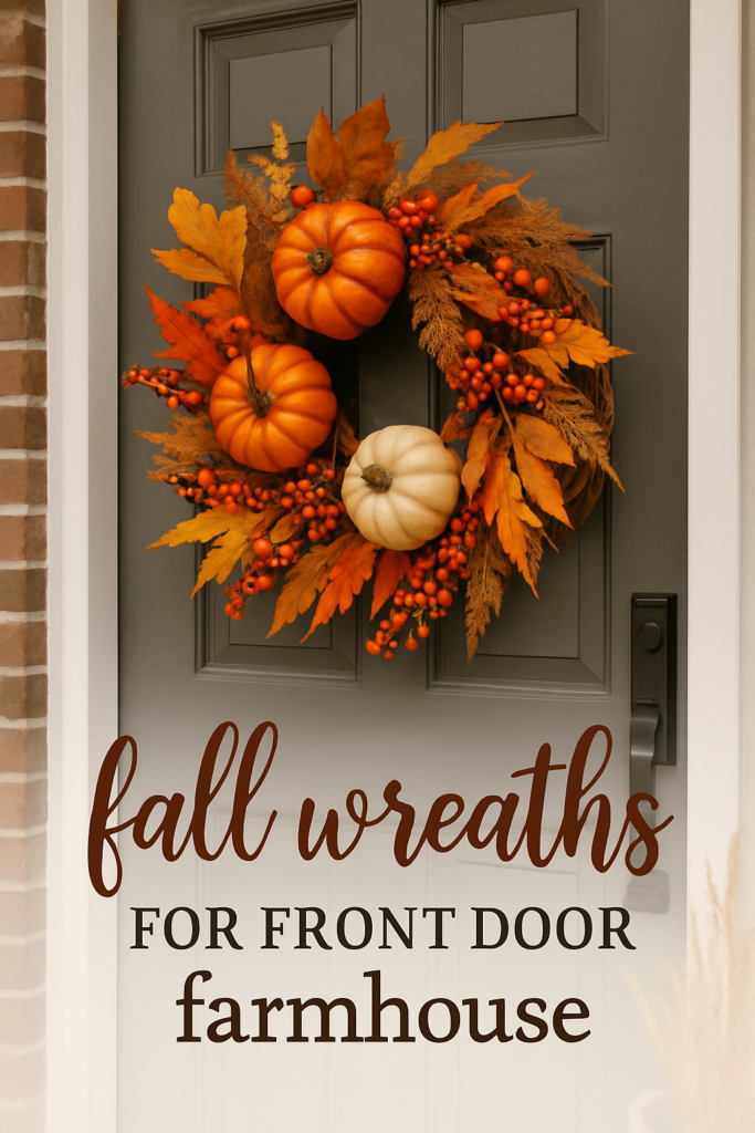 A fall wreath with pumpkins and colorful leaves on a front door, with text "fall wreaths for front door farmhouse."