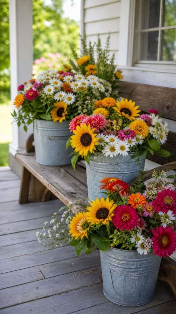 Fresh Flower Arrangements in Galvanized Buckets