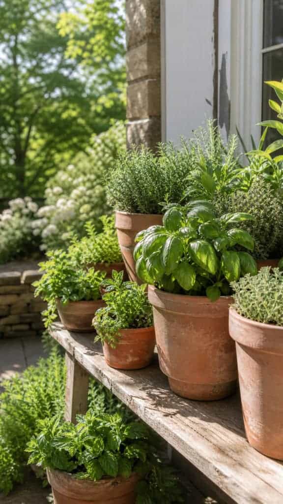 Potted Herbs in Terra Cotta Pots