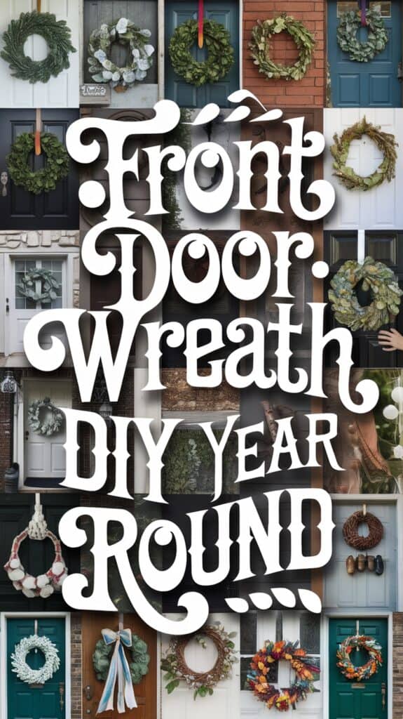 Collage of various front door wreaths with the text "Front Door Wreath DIY Year Round" in the center.