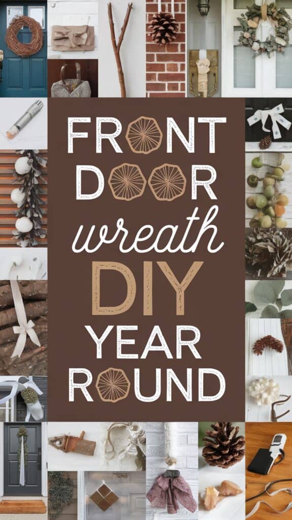 Collage of various front door wreaths and seasonal decorations surrounding the text "Front Door Wreath DIY Year Round."