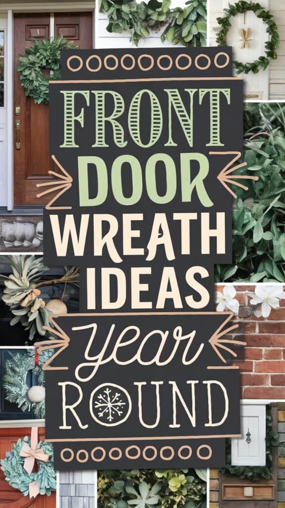 Collage of various front door wreaths around a central sign reading "Front Door Wreath Ideas Year Round."