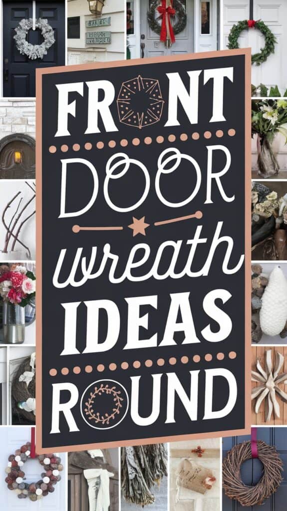Collage of various front door wreaths with a central text reading "Front Door Wreath Ideas Round."