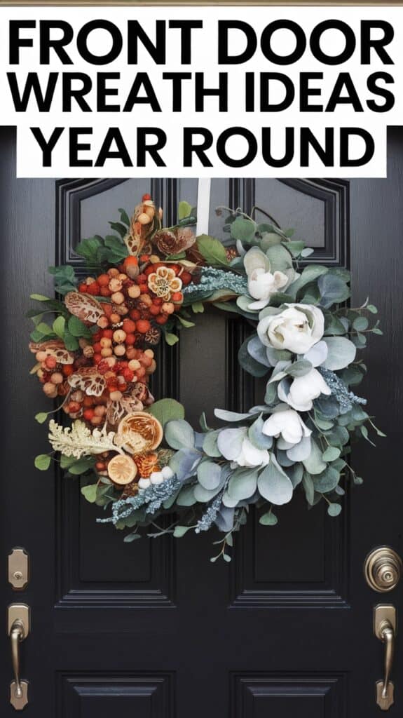 Decorative wreath with red berries and white flowers on a black door, with text "Front Door Wreath Ideas Year Round" above.