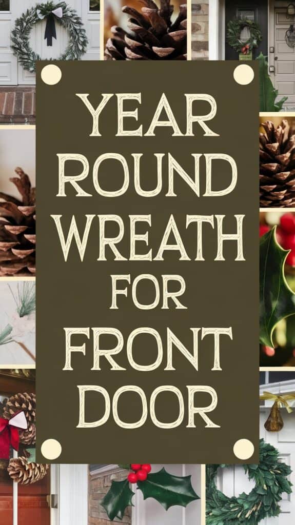Collage of wreaths and pinecones with the text "Year Round Wreath for Front Door" in the center.