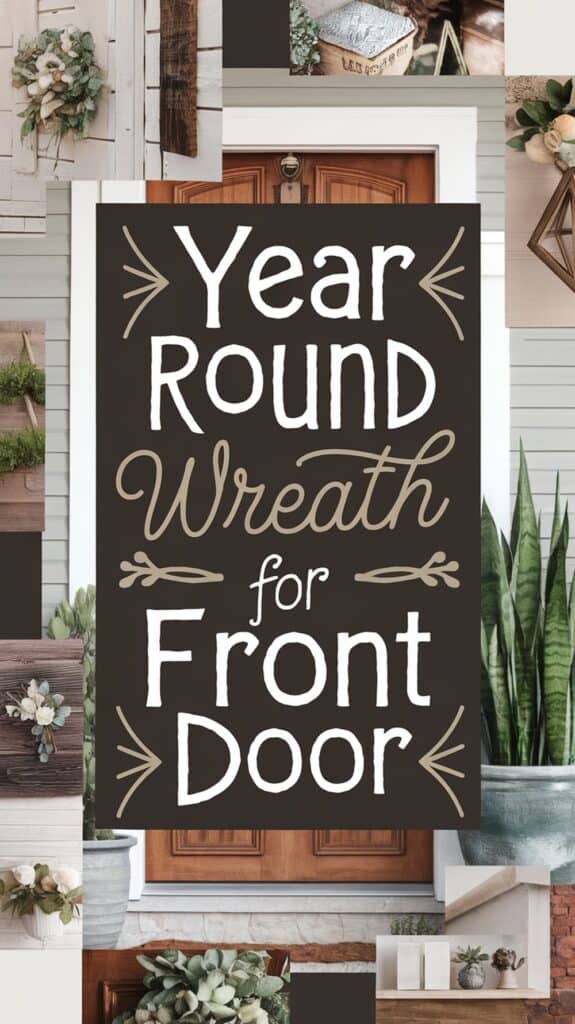 Collage of various wreath designs and decor surrounding the text "Year Round Wreath for Front Door" in the center.