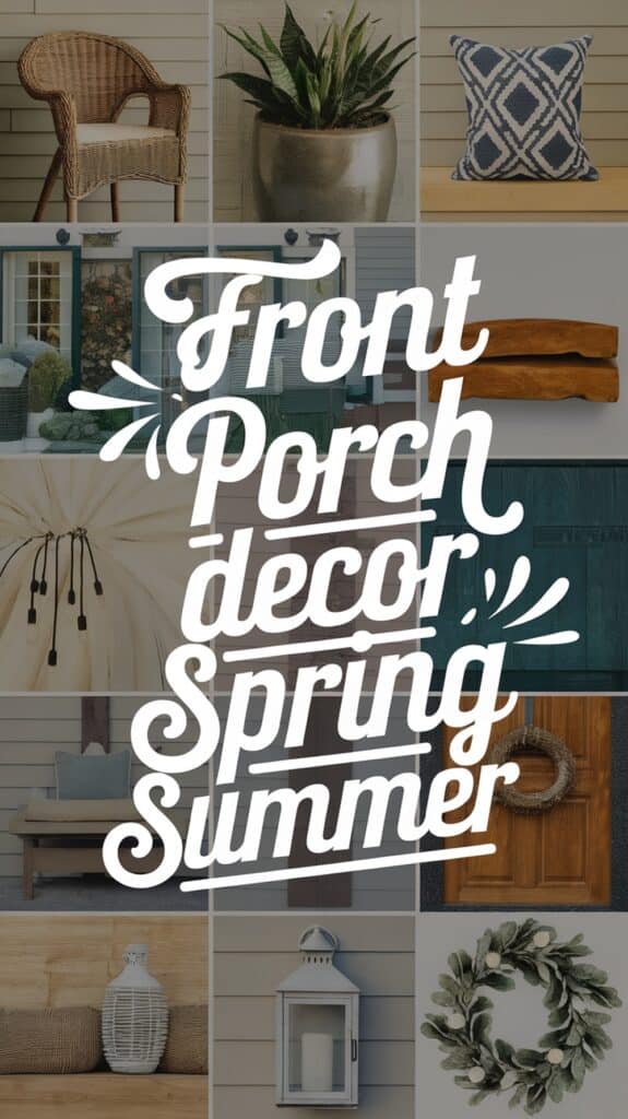 Collage of front porch decor items with text "Front Porch Decor Spring Summer" in a decorative font.