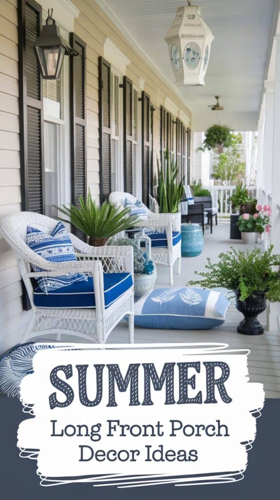 Front porch with wicker chairs, blue cushions, potted plants, and a lantern, featuring summer decor ideas text.