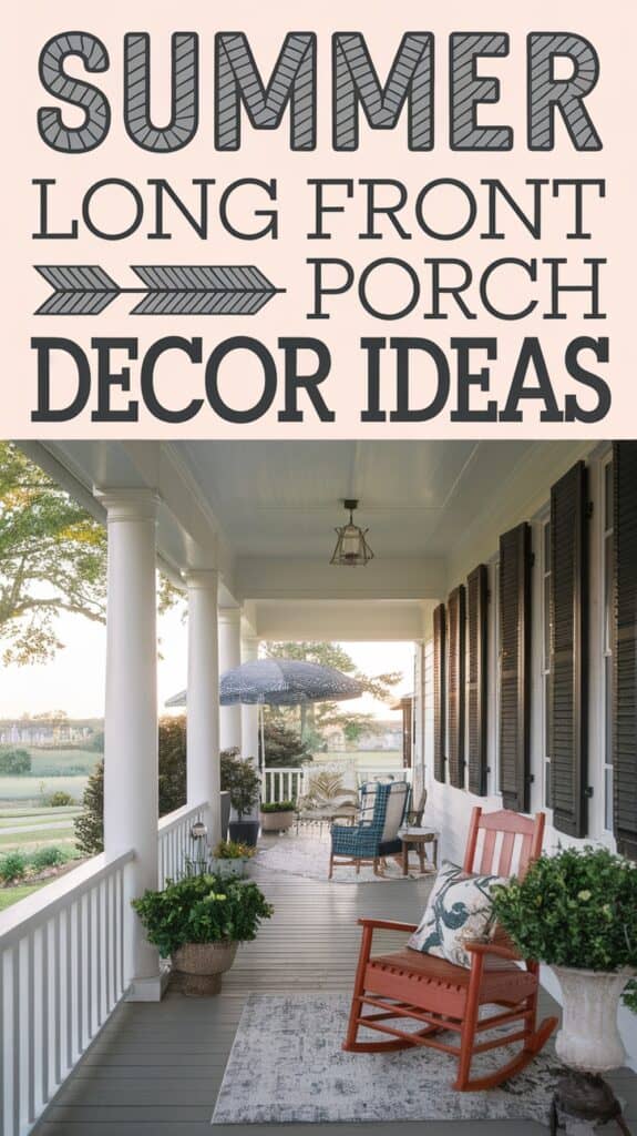 A welcoming front porch with chairs, potted plants, a rug, and a sign reading "Summer Long Front Porch Decor Ideas."