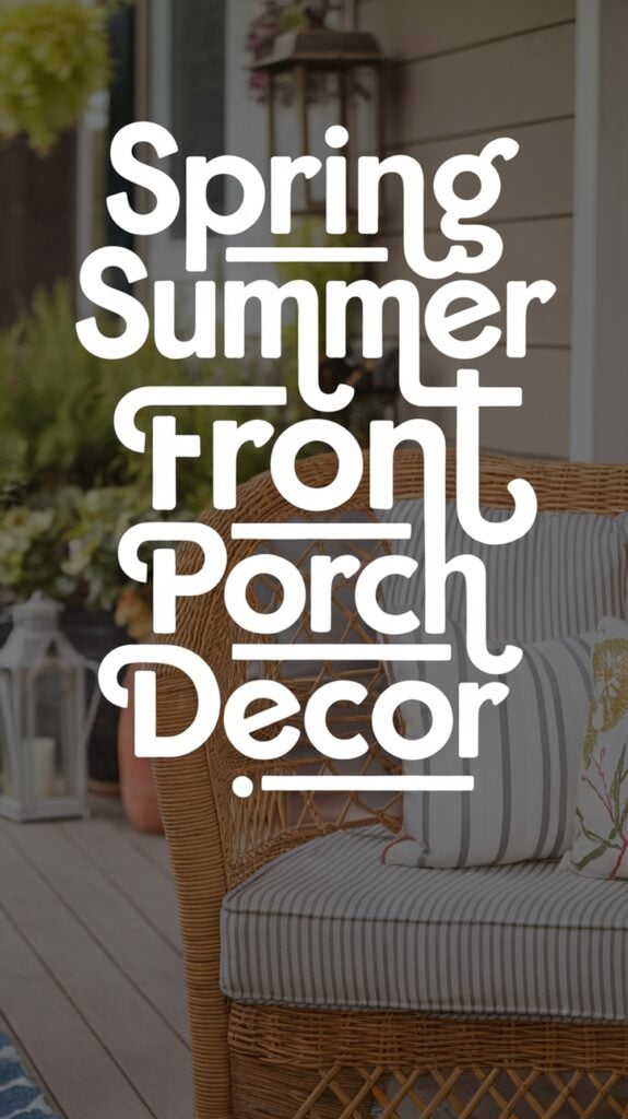 Text reading "Spring Summer Front Porch Decor" overlaid on an image of a porch with a wicker chair and potted plants.