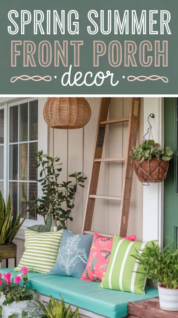 Outdoor porch with colorful cushions, hanging plants, a wooden ladder, and a wicker light fixture next to large windows.