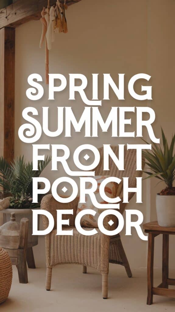 Text reading "Spring Summer Front Porch Decor" over a wicker chair with potted plants in the background.