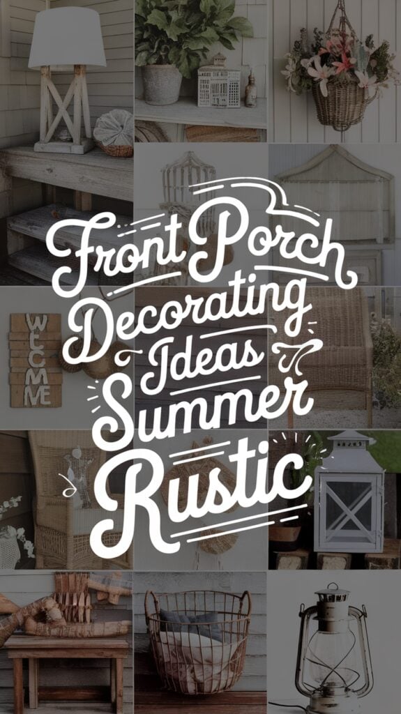Collage of rustic front porch decor items with large text reading "Front Porch Decorating Ideas Summer Rustic."