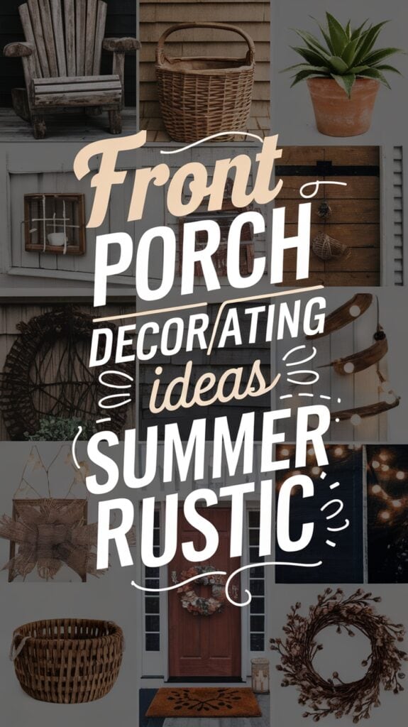 Collage of rustic front porch decor ideas, featuring baskets, wreaths, wooden furniture, and potted plants.