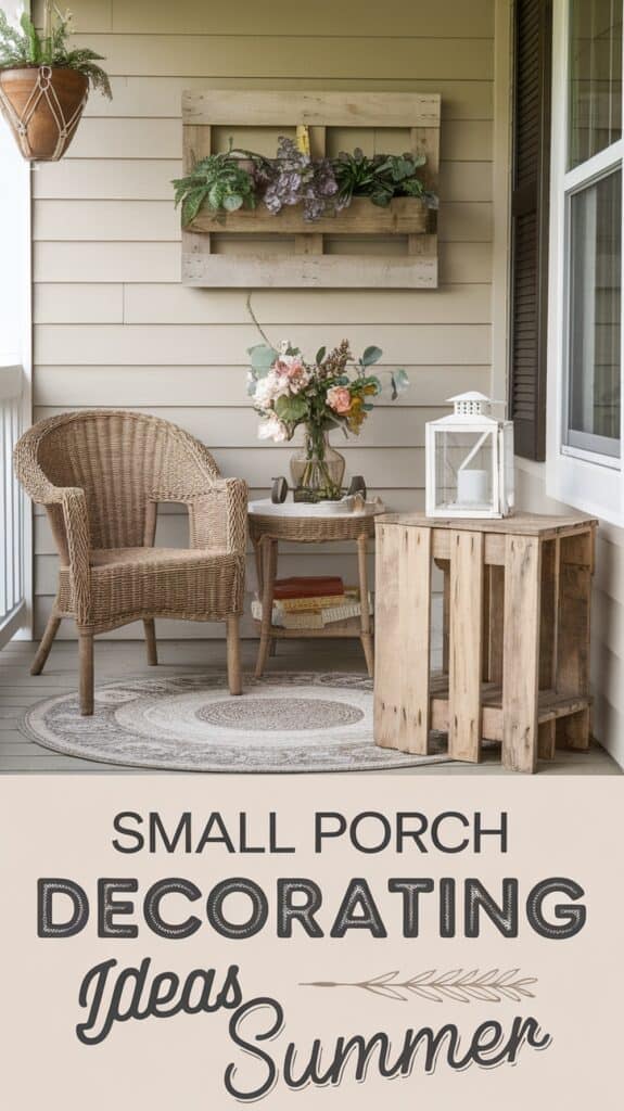 Wicker chair and table on a porch with a flower arrangement, rug, and summer decor theme.
