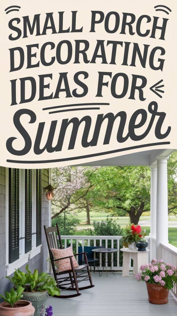 A welcoming porch with a rocking chair, vibrant flowers, and text that reads "Small Porch Decorating Ideas for Summer."