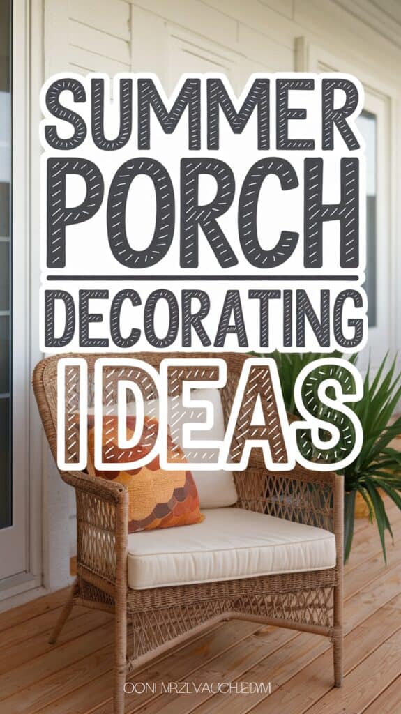 Wicker chair with a colorful cushion on a porch, with text overlay: "Summer Porch Decorating Ideas."