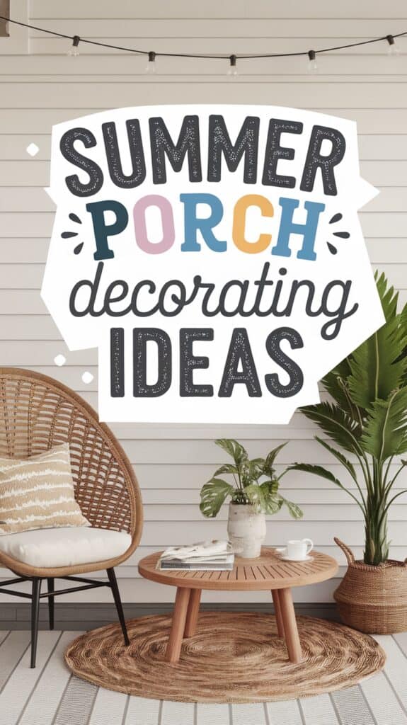 Text reading "Summer Porch Decorating Ideas" with a cozy patio setup including a wicker chair, small table, and a potted plant.