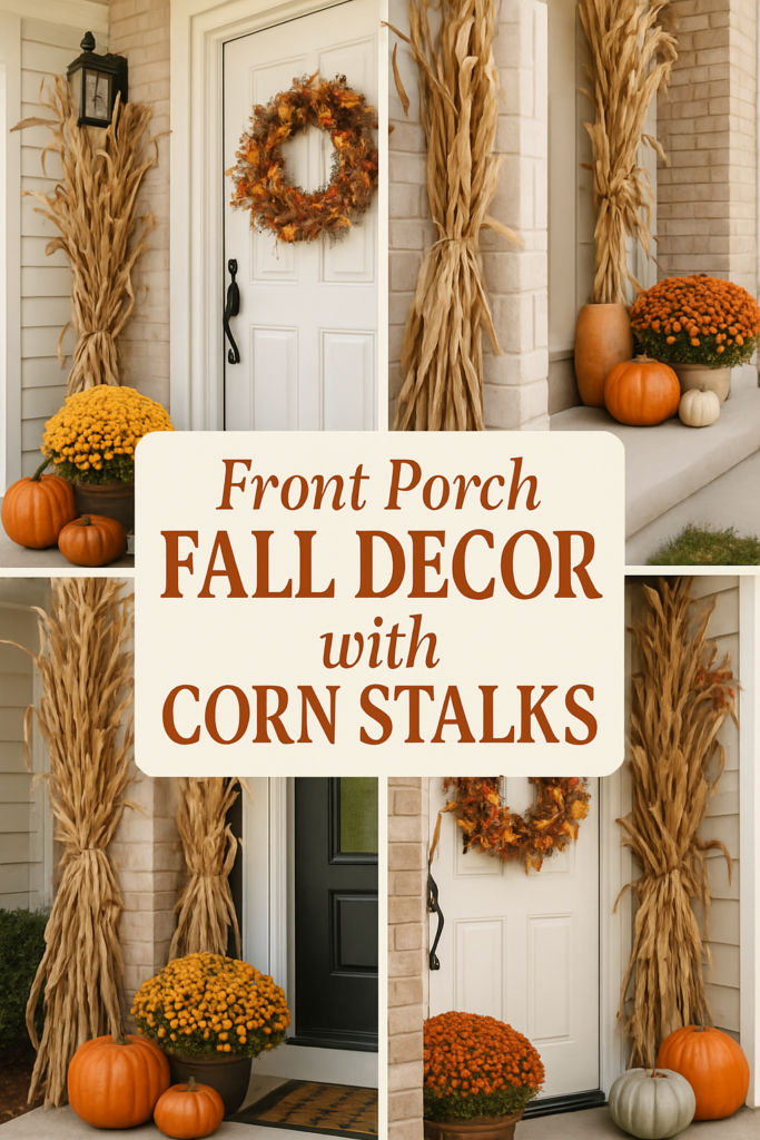 Fall porch decor featuring corn stalks, pumpkins, and mums around a front door with a wreath.