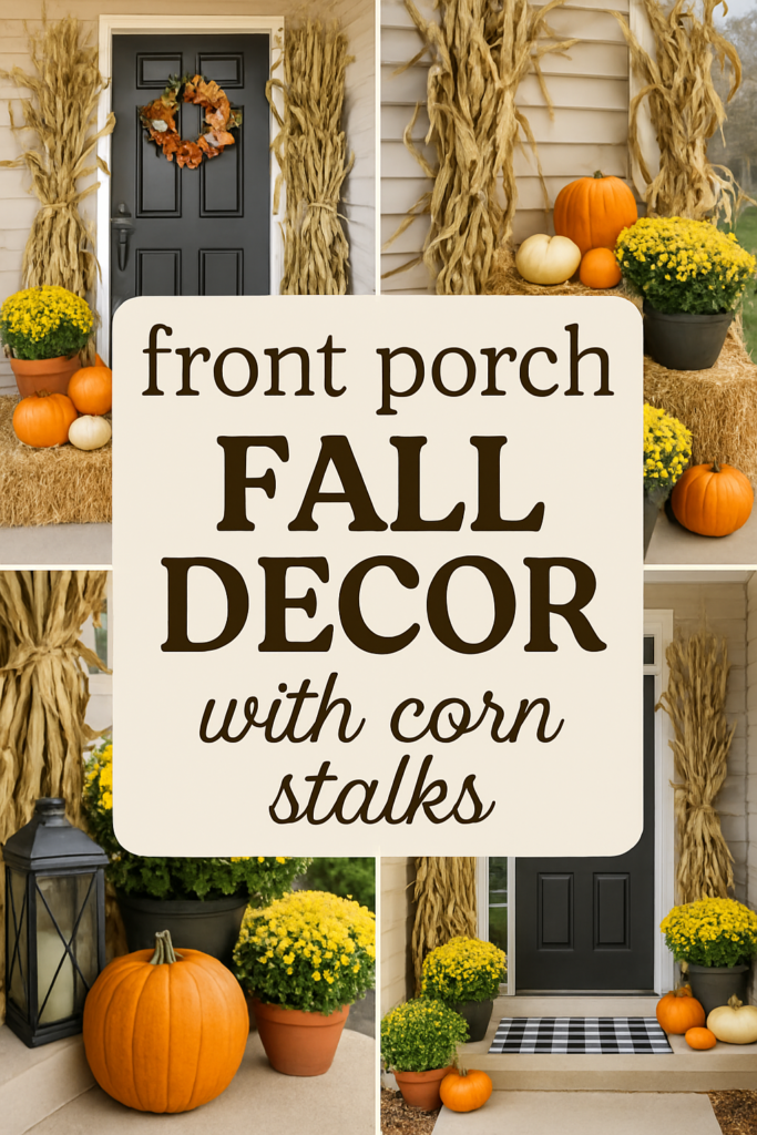 Autumn-themed front porch with pumpkins, corn stalks, yellow flowers, and a lantern.