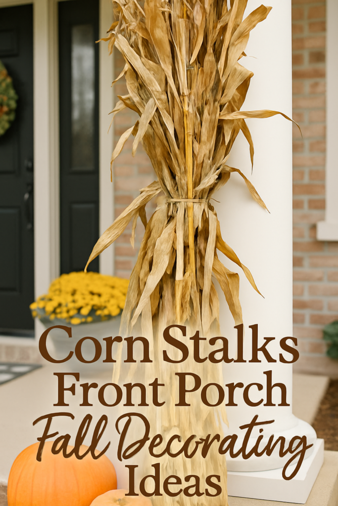 Corn stalks tied together on a front porch with pumpkins and yellow flowers, accompanied by text about fall decorating ideas.