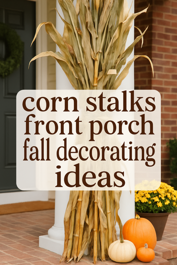 Corn stalks and pumpkins decorate a front porch with a fall-themed sign.