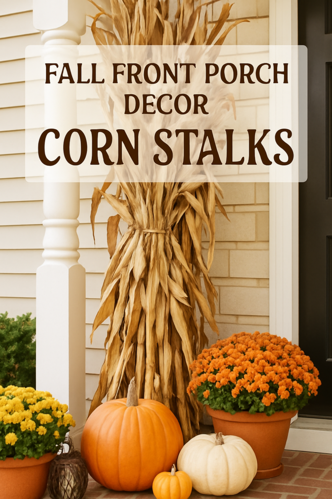 A fall porch display with corn stalks, orange and yellow flowers, pumpkins, and a sign reading "Fall Front Porch Decor Corn Stalks."