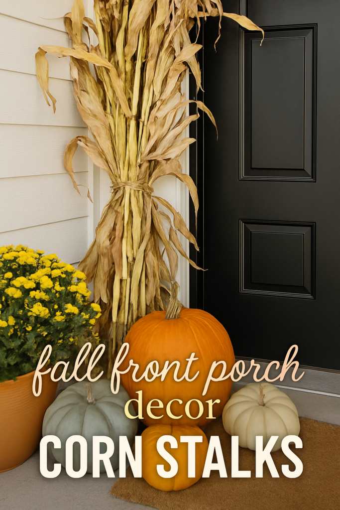 A front porch decorated with corn stalks, pumpkins, and yellow chrysanthemums.