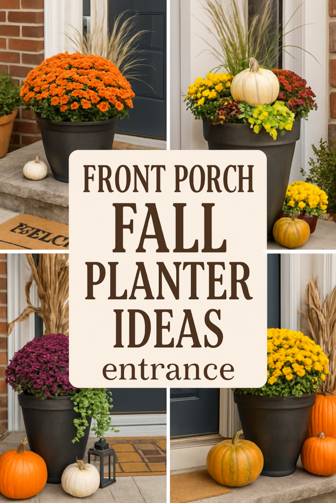 Collage of fall porch planters with colorful flowers and pumpkins.