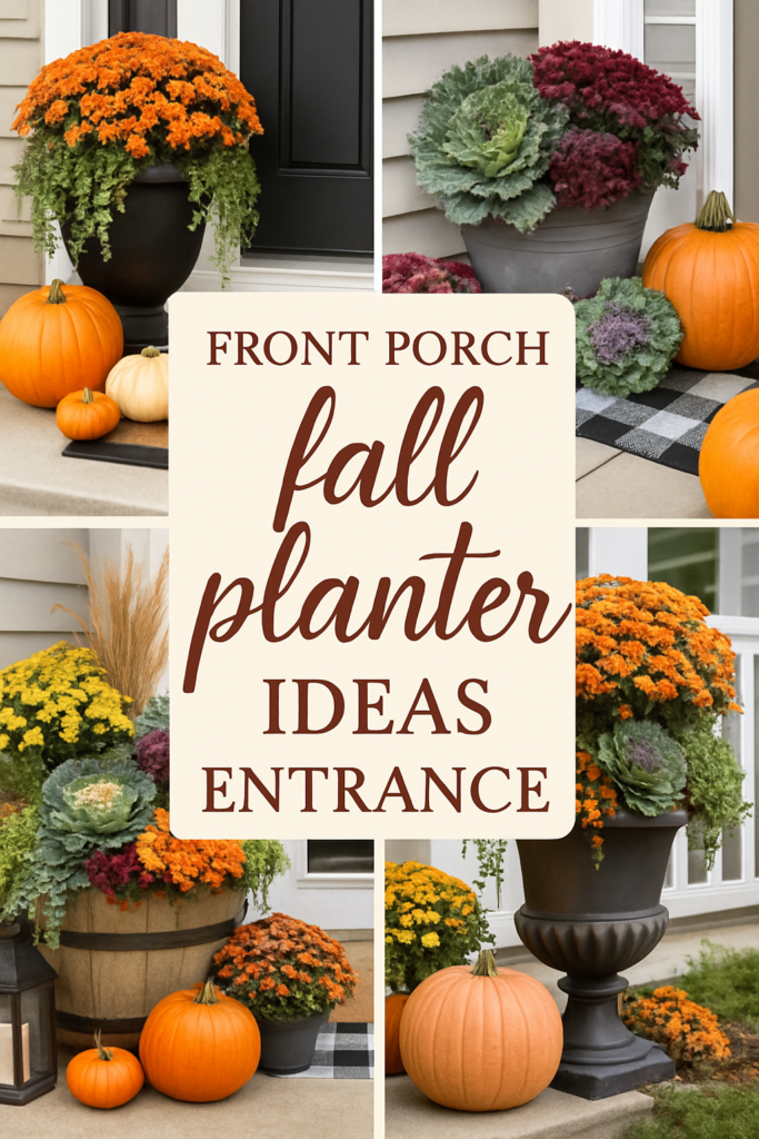Front porch with fall planters featuring orange mums, pumpkins, ornamental cabbages, and a welcoming sign.