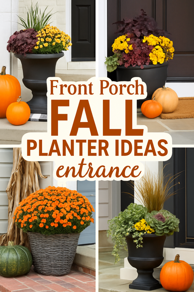 Collage showing fall planter arrangements with pumpkins and chrysanthemums by front doors, with text about fall porch ideas.