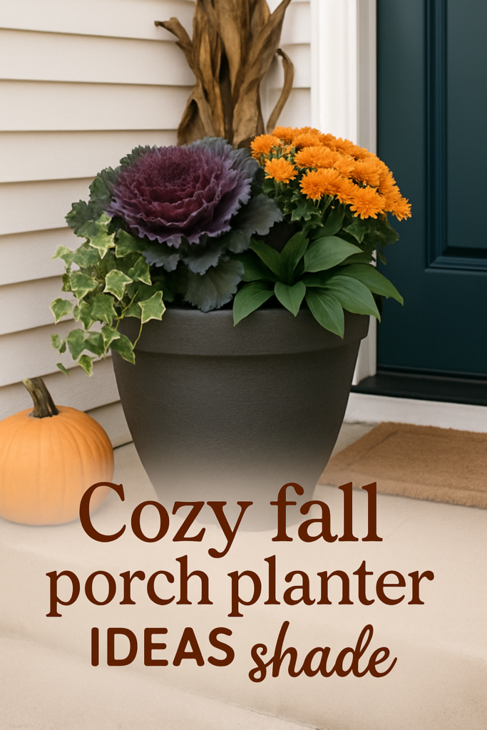 A porch planter with purple cabbage, orange flowers, and ivy next to a pumpkin, with the text "Cozy fall porch planter ideas shade."