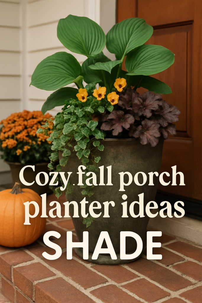 A shaded porch with a large planter holding various plants, a pumpkin, and orange flowers; text reads "Cozy fall porch planter ideas: SHADE."