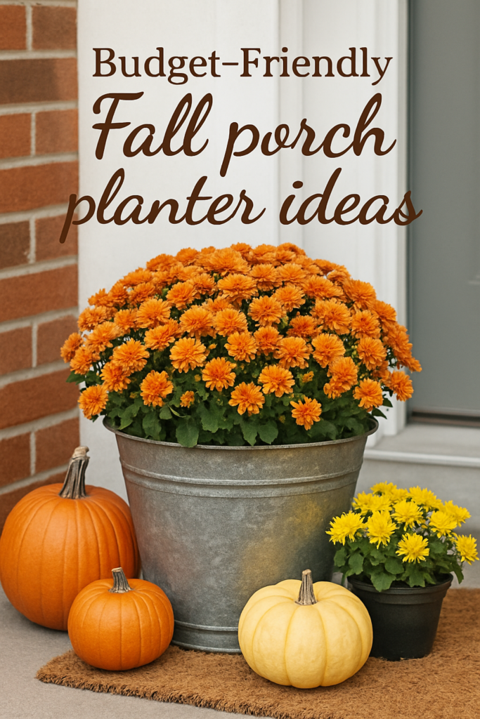 Orange flowers in a metal bucket with pumpkins and a yellow flower pot, next to text: "Budget-Friendly Fall porch planter ideas."