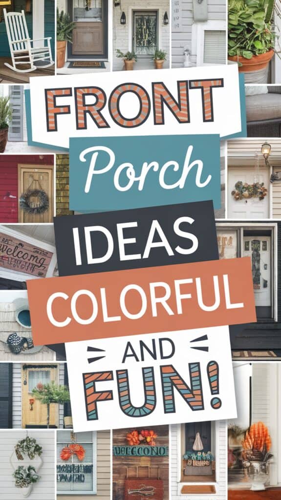 Collage of colorful and creative front porch ideas with plants, signs, and decorative elements.