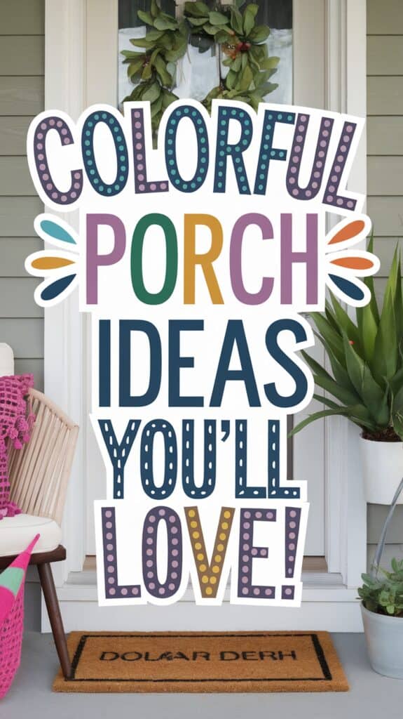 A porch with a "Colorful Porch Ideas You'll Love!" sign, plants, and a welcome mat.