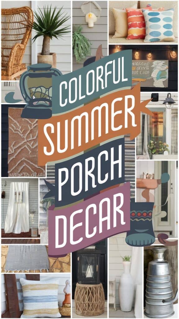 Collage of colorful summer porch decor items, featuring chairs, cushions, a lantern, a fan, and decorative signs.