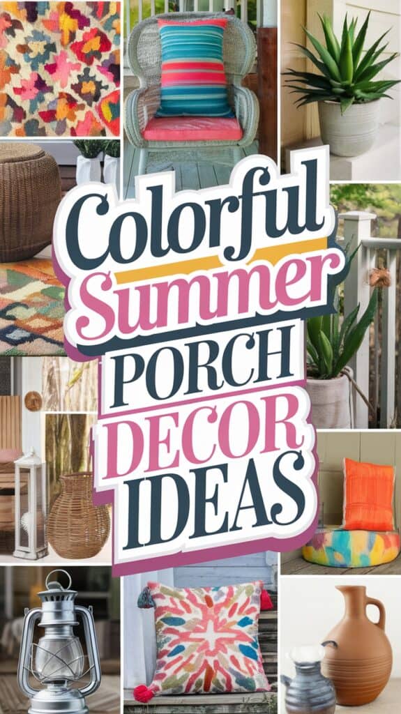 Collage of colorful outdoor decor items like pillows, rugs, and plants with the text "Colorful Summer Porch Decor Ideas."