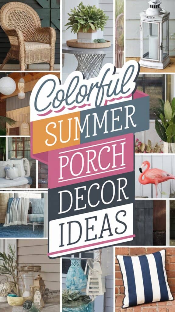 Collage of summer porch decor ideas featuring plants, lanterns, wicker furniture, and a striped pillow.