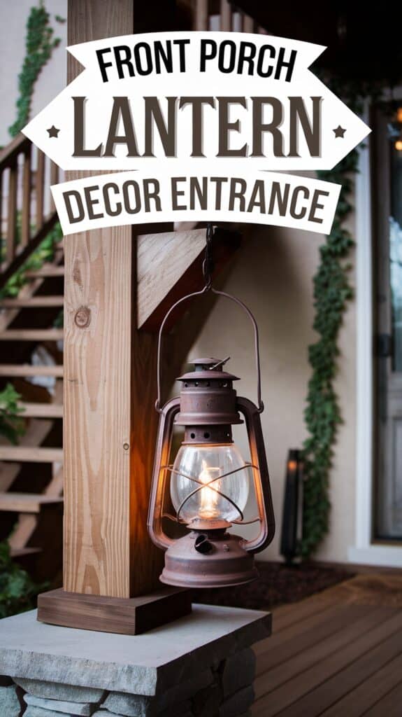 A rustic lantern hangs on a wooden post at a front porch, with text overlaying: "Front Porch Lantern Decor Entrance."