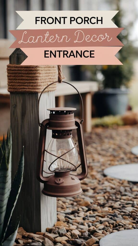 A rustic lantern hangs on a wooden post with a sign reading "Front Porch Lantern Decor Entrance" above.