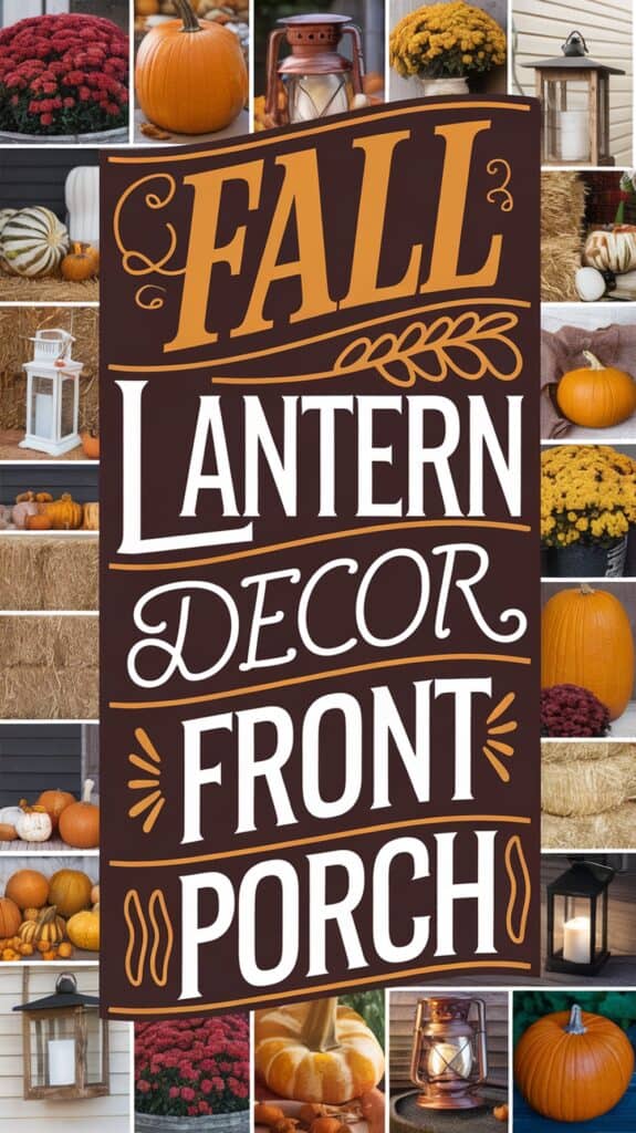 Collage of fall-themed porch decorations with pumpkins, lanterns, hay bales, and colorful mums, featuring the text "Fall Lantern Decor Front Porch."