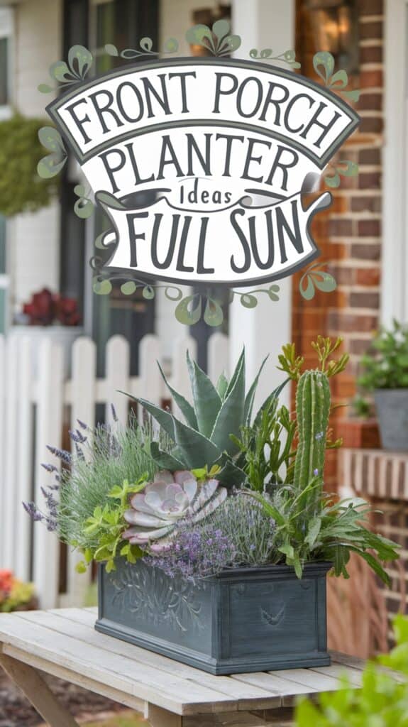 A planter box filled with various succulents and plants placed on a porch, with text reading "Front Porch Planter Ideas: Full Sun."