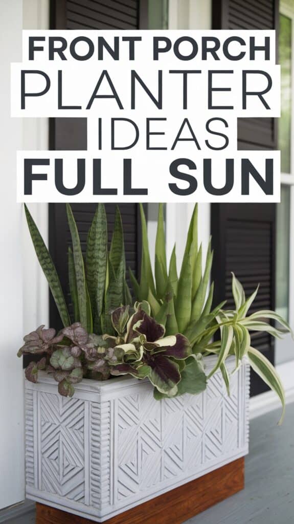 A decorative planter on a porch contains snake plants, succulents, and leafy greens, with text about front porch planter ideas for full sun.